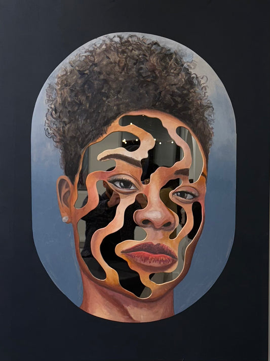 Contemporary portrait painting by Nick Bodoin featuring sculptural cut-outs within a woman’s face that reveal a mirrored backdrop, blending reflection, layered forms, and soft natural tones.