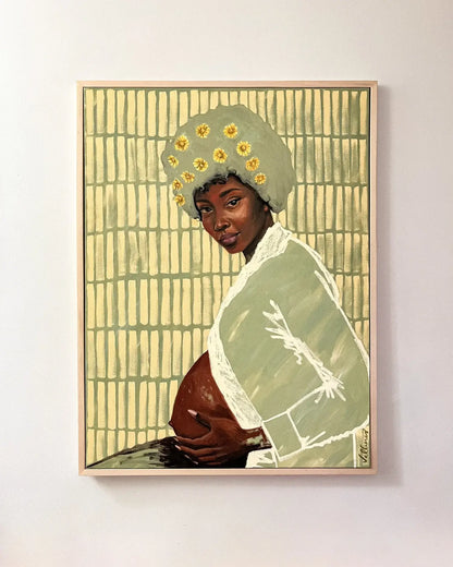 Zahara, a pregnant Black woman in a green dress, surrounded by daisies, embodying strength and motherhood.