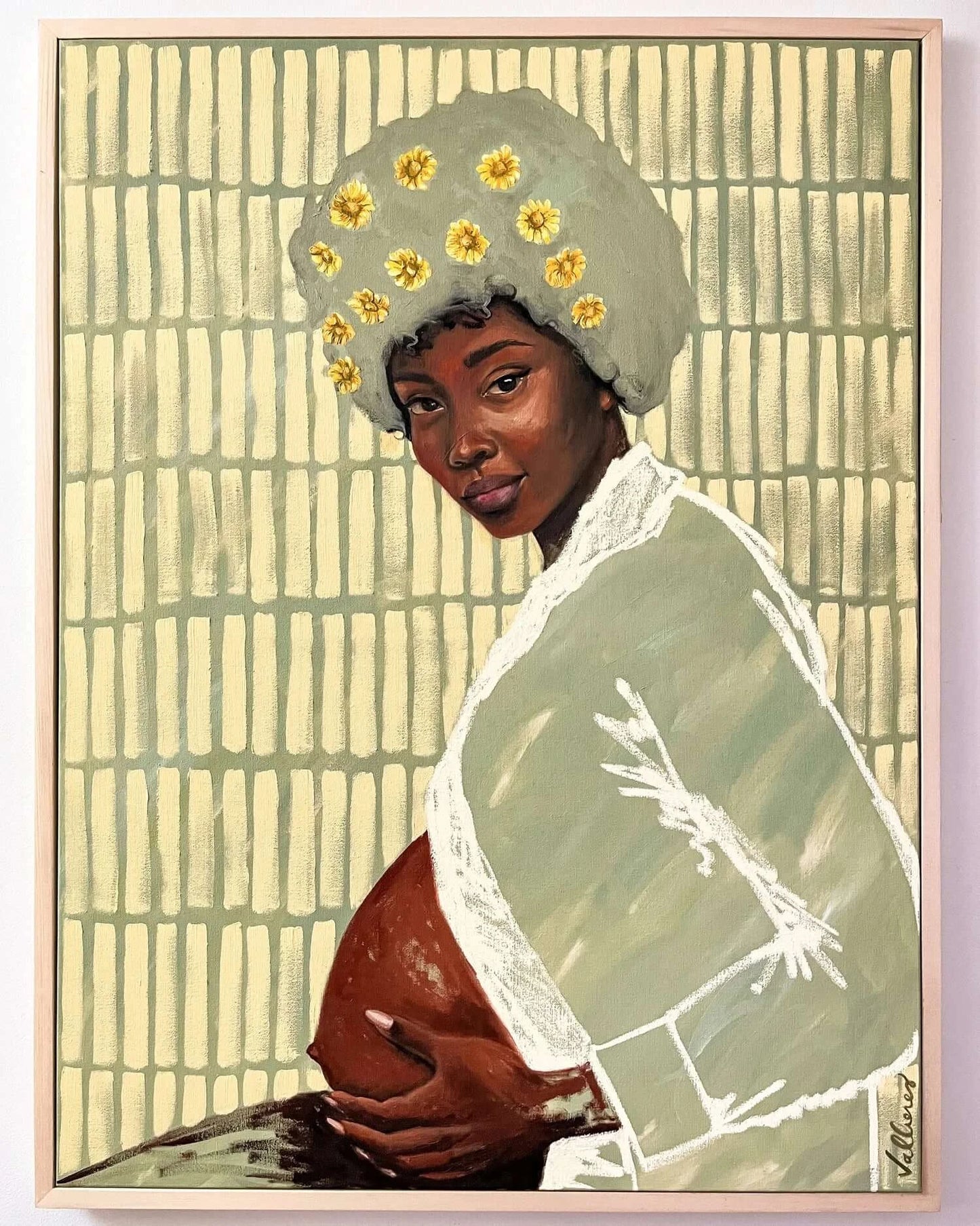 Zahara, a pregnant Black woman, stands powerfully, surrounded by yellow daisies, symbolizing motherhood and resilience.