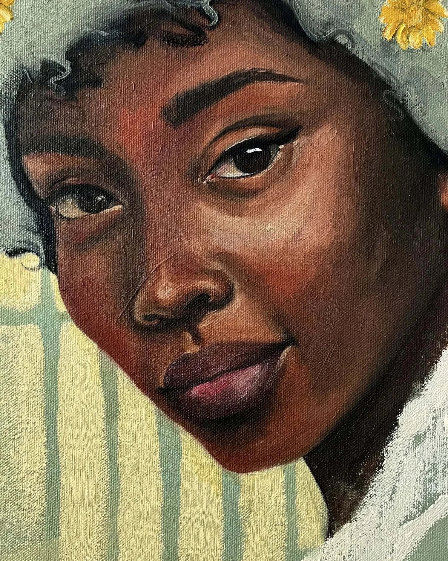 Portrait of Zahara, a pregnant Black woman, showcasing strength and resilience, surrounded by yellow daisies.